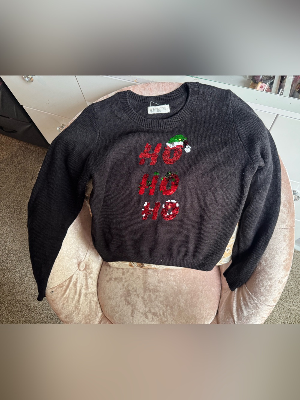 H&M Black Crewneck Sweater with Red & Green Sequin 'HO HO HO'